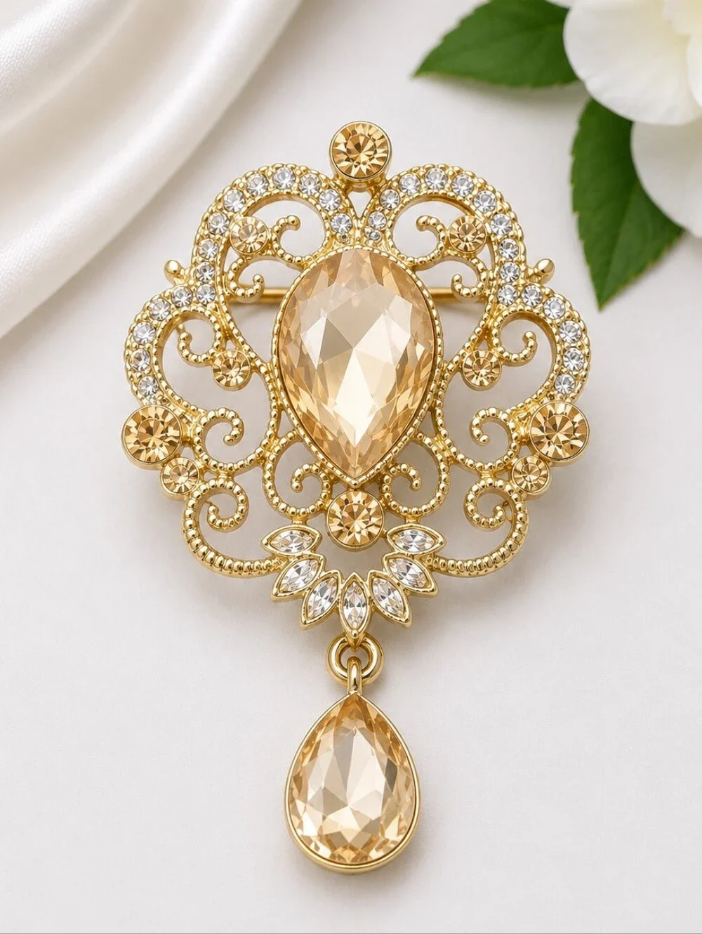 Champagne Crystal Brooch Pin | Gold Tone